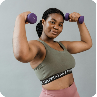 Woman doing bicep curl with dumbbells.