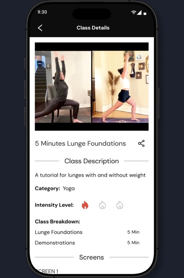 The image shows the Sekond Skin Society app details including class title "5 Minutes Lunge Foundations" and Class description: A tutorial for lunges with and without weight. Category: Yoga. Intensity Level: one first emoji. Class Breakdown: Lunge Foundations 5 min Demonstrations: 5 Min