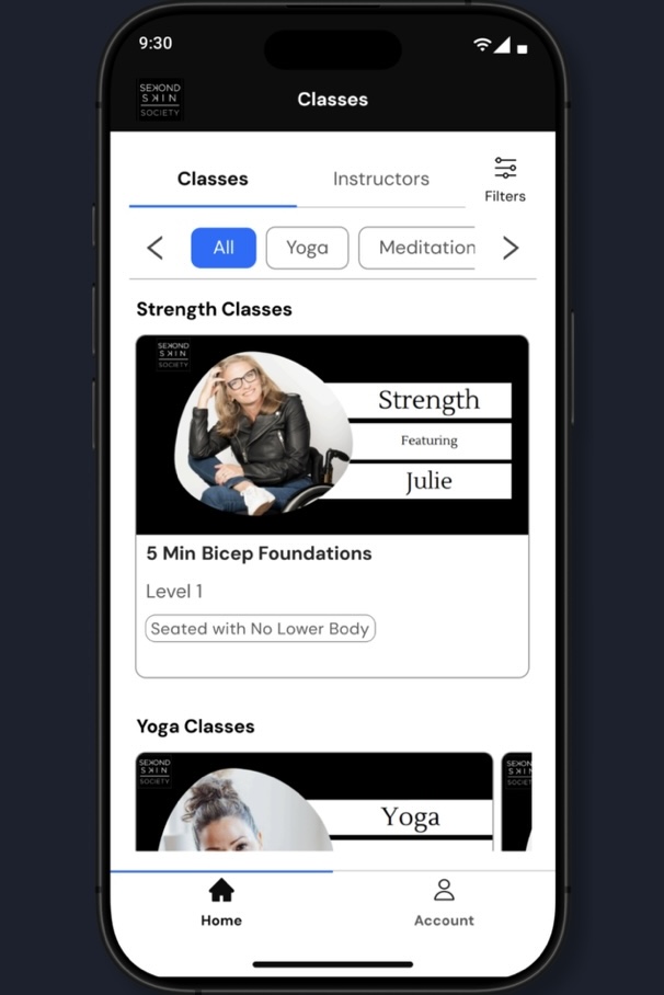 A picture of a phone showing the Sekond Skin Society app with class playlists visible and a thumbnail of a 5 Min Bicep Foundation class showing the featured instructor, Julie, posing in her wheelchair.