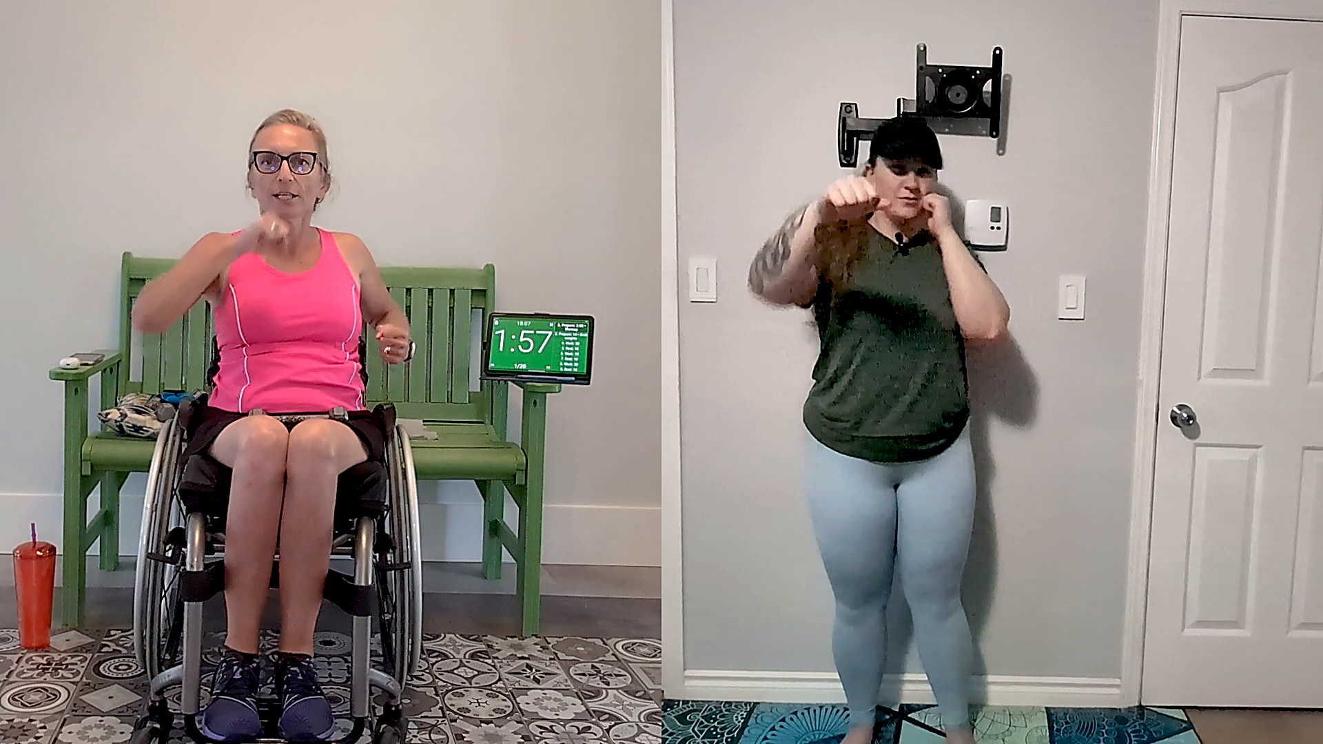 Split screen of two instructors teaching the same upper body class. On the left, Julie, wearing glasses and a pink tank top, punches across her body from her wheelchair in front of a green bench. On the right, Kaelyn, in a black cap, green t-shirt and light blue leggings, punches forward while standing in a bright room.